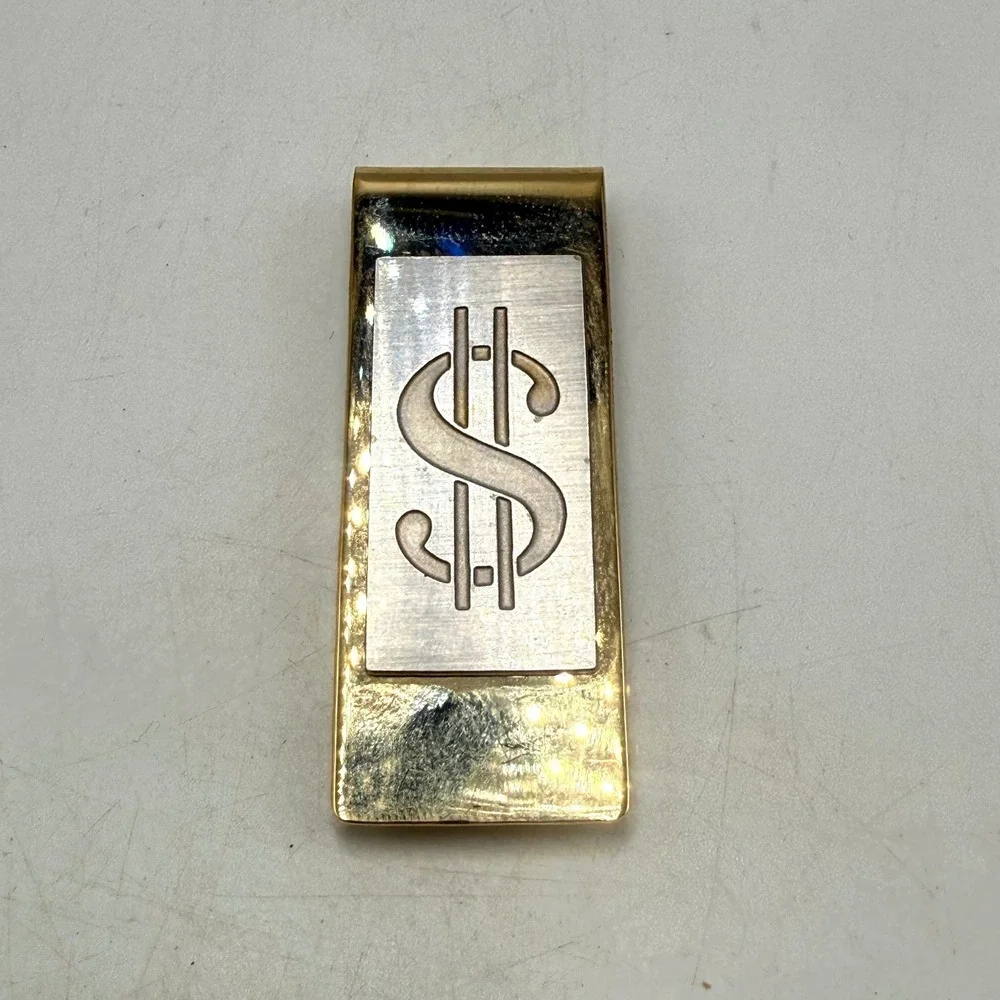 Vintage Two Tone Dollar Sign Money Clip Abalone Shell Inlay Gold Silver Tone